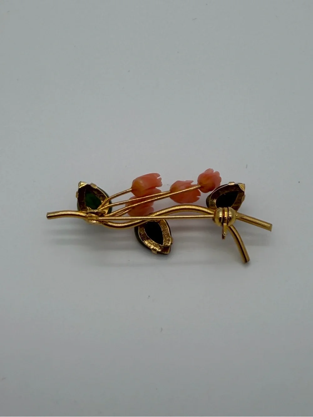 Vintage Floral Brooch with Pink Coral Roses and Green Leaves